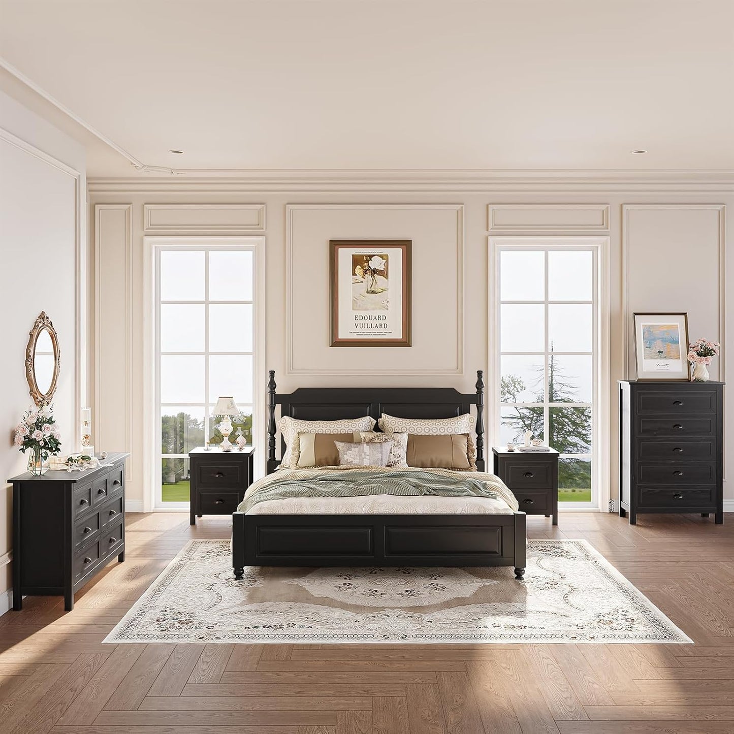 4-Piece Farmhouse Bedroom Dresser Set, 7 Drawer Double Dresser & 5 Drawer Tall Dressers & 2 Nightstands with 2 Drawers