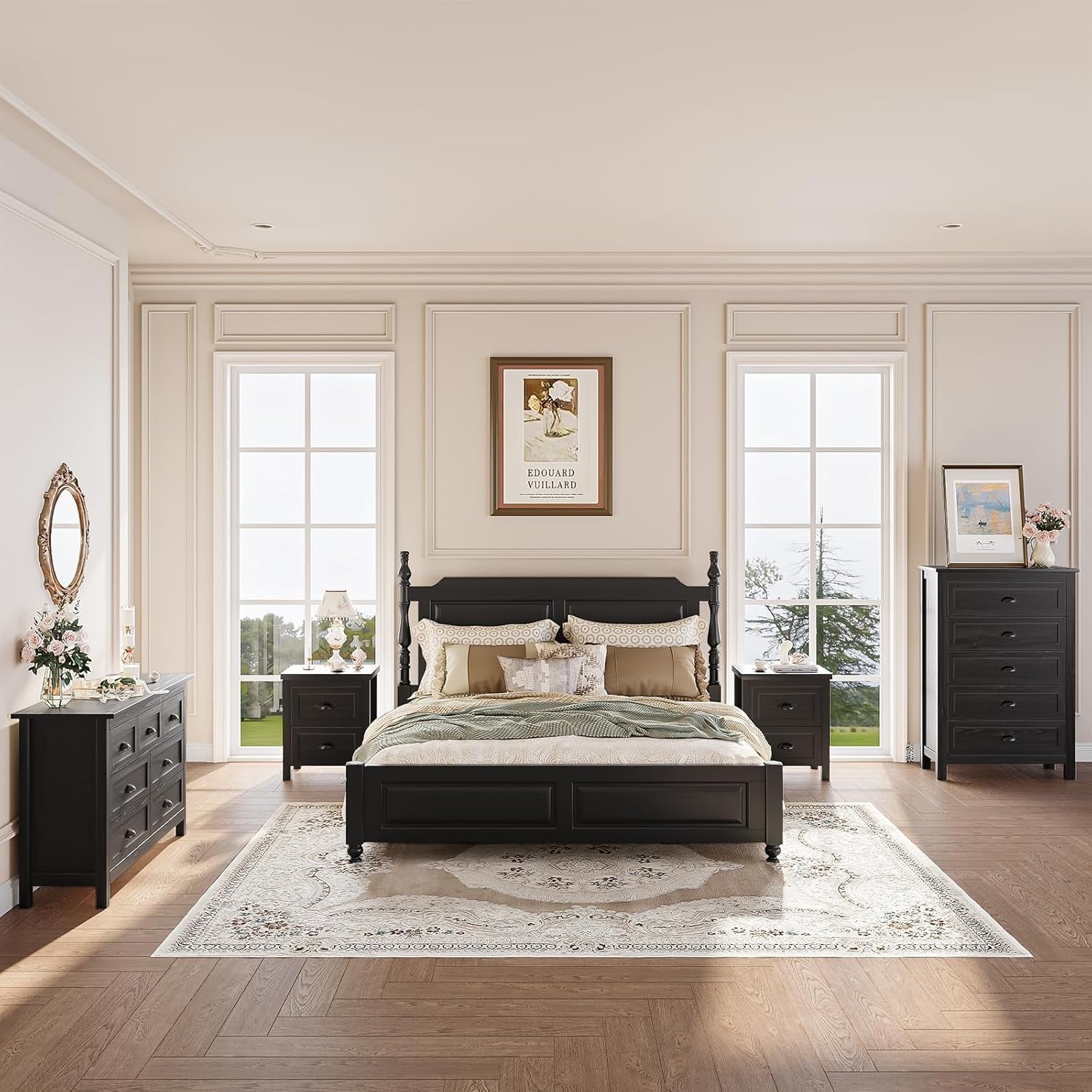 4-Piece Farmhouse Bedroom Dresser Set, 7 Drawer Double Dresser & 5 Drawer Tall Dressers & 2 Nightstands with 2 Drawers