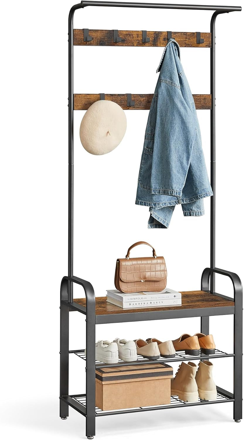 Coat Rack, Hall Tree with Shoe Bench for Entryway, Entryway Bench with Coat Rack, 4-In-1, with 9 Removable Hooks, a Hanging Rod, 13.3 X 33.1 X 72.1 Inches, Rustic Brown and Black UHSR400B01