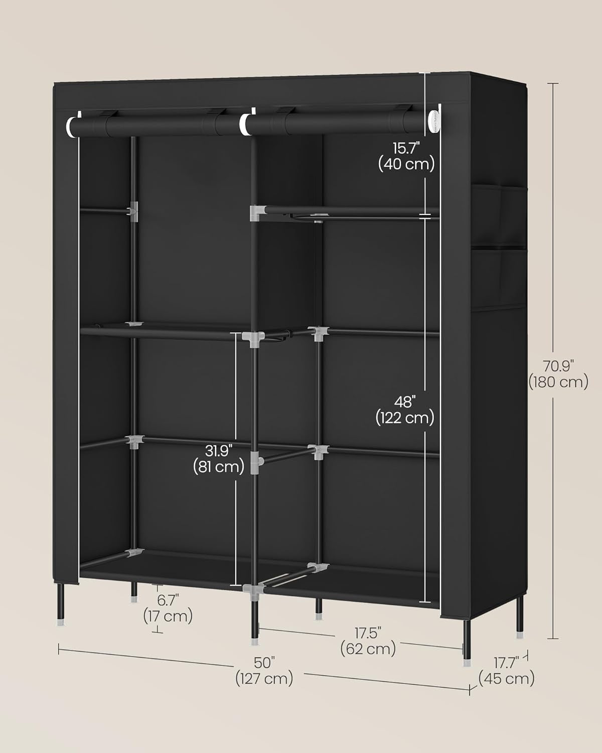 Portable Closet, Fabric Wardrobe, Clothes Rack with Shelves, Pockets, Large Capacity, 3 Hanging Rods, 17.7 X 50 X 70.9 Inches, Black URYG010BZ02