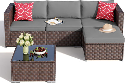 5 Pieces Patio Furniture Set All-Weather Outdoor Wicker Sectional Patio Furniture with Cushion and Glass Table (Grey)
