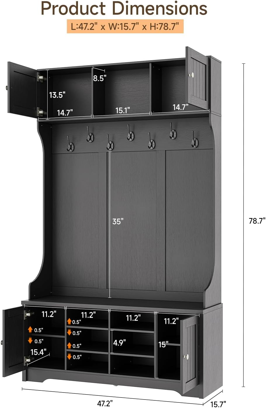 78.7" Hall Tree with Bench and Shoe Storage, Entryway Bench with Coat Rack, 10 Shoe Cubbies with Adjustable Shelves & 7 Coat Hooks for Hallway, Entryway, Black