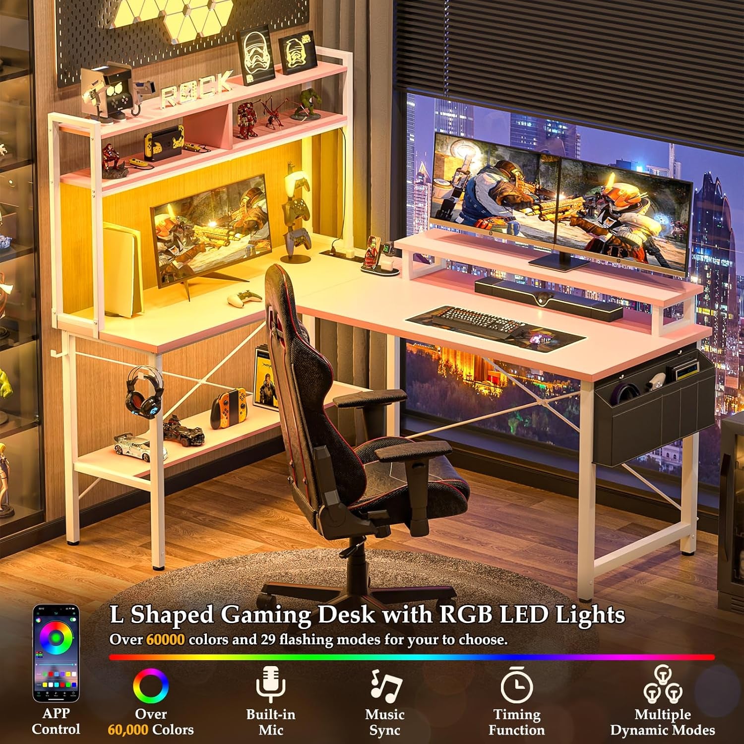 L Shaped Gaming Desk with Power Outlets & LED Lights, Small L- Shaped Desk Computer Corner Desk with Monitor Stand & Storage Shelf, Home Office Desk Writing Desk with Storage Bag, Pink
