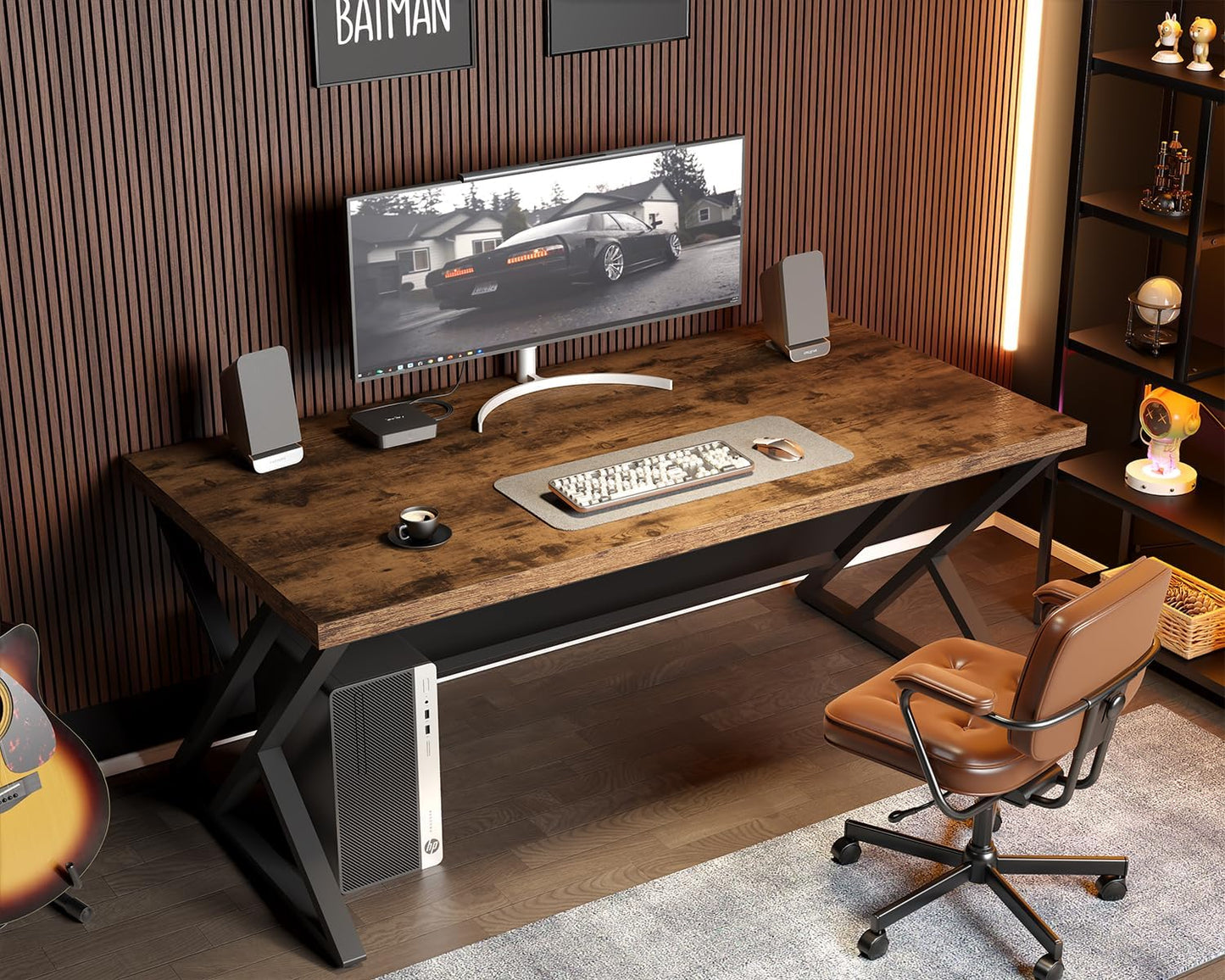 Rustic Computer Desk, Metal Wood Home Office Desk, Industrial Simple Study Executive Desk for Writing Work, Wooden Student Gaming Computer PC Table with Storage for Bedroom, 55 Inch, Rustic Brown