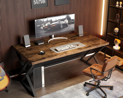 Rustic Computer Desk, Metal Wood Home Office Desk, Industrial Simple Study Executive Desk for Writing Work, Wooden Student Gaming Computer PC Table with Storage for Bedroom, 55 Inch, Rustic Brown