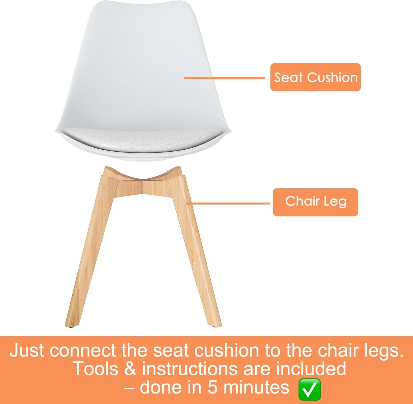 Mid Century Modern Dining Chairs,Shell Lounge Plastic Side Chair with Soft Padded and Wooden Legs for Dining Room Living Room Bedroom Kitchen Set of 2 (White)