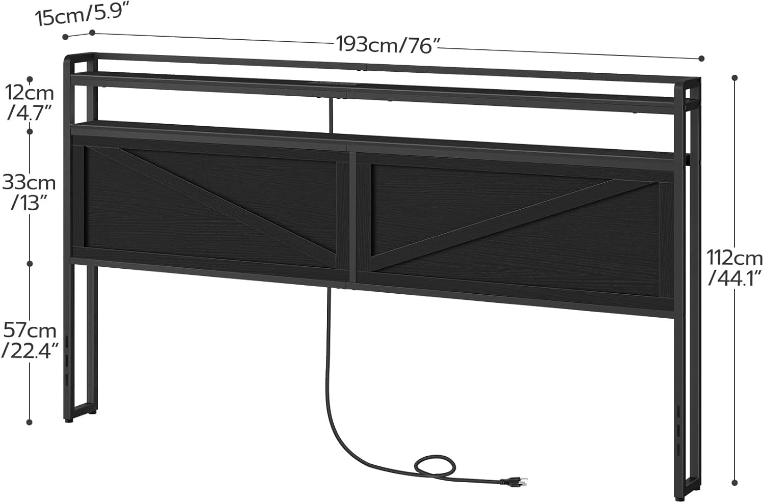 King Size Headboard, Headboard with Charging Station and LED Light Strip, 2-Tier Storage Head Board with Outlets and USB Ports, Industrial Style, for King Size Beds, Black