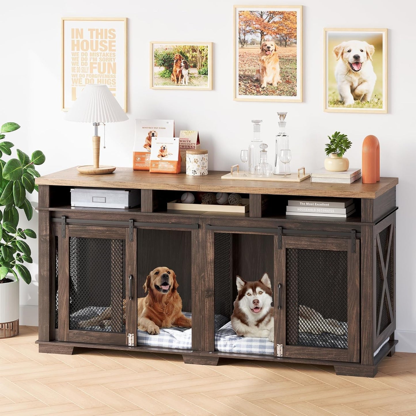 71" Extra Large Dog Crate Furniture, Heavy Duty Dog Kennel with Sliding Barn Door, 3 Storage Compartments & Removable Divider, TV Stand Side Table for Living Room, Light Oak/Dark Walnut