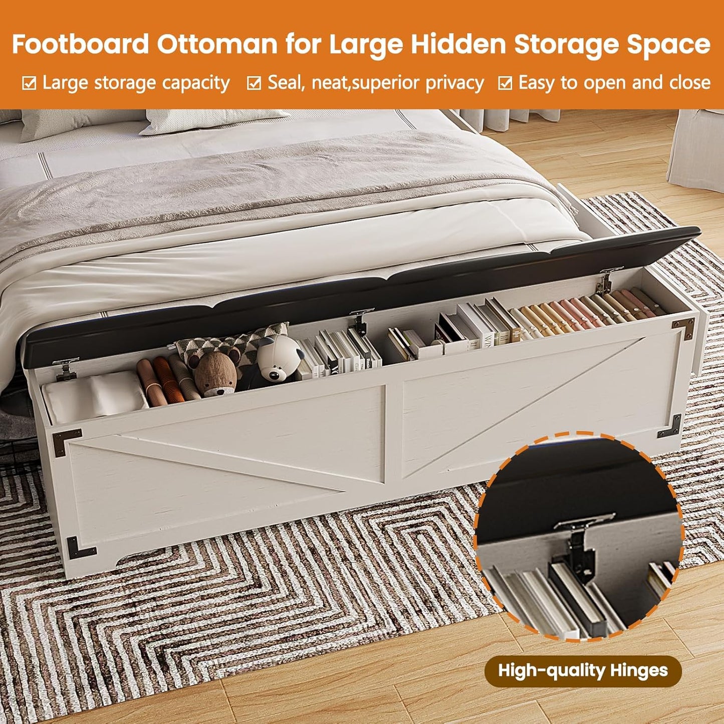 Farmhouse Queen Size Bed Frame with Headboard and Storage Ottoman, Sliding Barn Door & 4 Drawers, LED Lights and Charging Station, No Box Spring Needed, Antique White