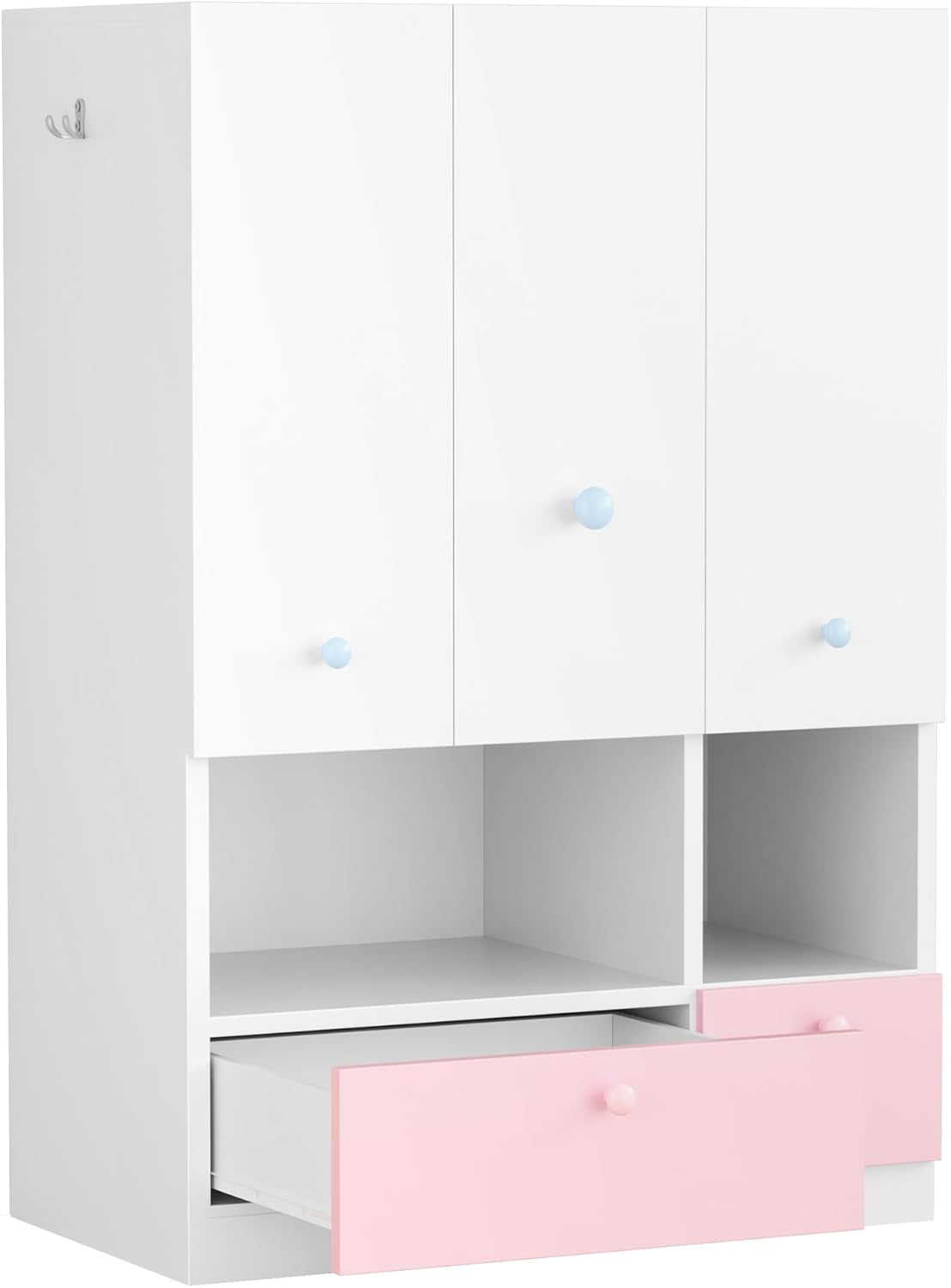 White Armoire Wardrobe Closet with Adjustable Storage Shelves and Drawers, Freestanding Wooden Wardrobe Cabinet Closet, Kids Bedroom Armoire with 3 Doors, Hanging Rod, Toy Storage for Kids' Room, Dorm