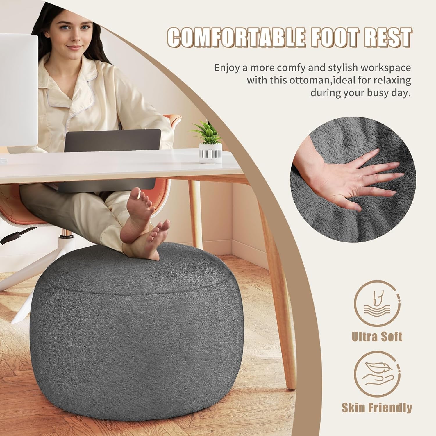 Round Pouf Ottoman Foot Rest, 29 X 18Inch Floor Poufs Footstool, a round Modern Foam Filled Foot Stool for Living Room, Home, Nursery, Dorm (Grey, 29Inch)