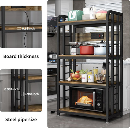 Bakers Rack with Power Outlet ，4-Tier Kitchen Baker'S Rack,Microwave Stand with Storage Suitable for Kitchen, Living Room, Dinning Room，Coffee Bar(Rustic Brown)
