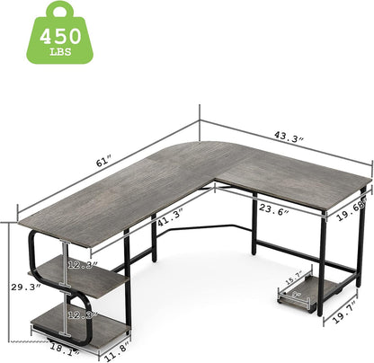 Reversible L Shaped Desk with Large Surface, 61 Inch Sturdy Corner Desk with Storage Shelves, Premium Office Computer Desk Workstation for Home Office Gaming