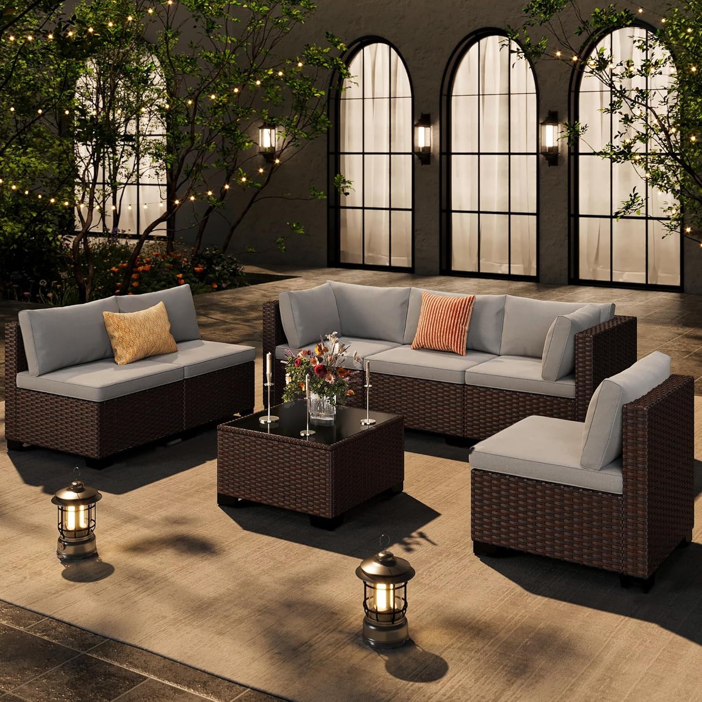 7-Piece Patio Furniture Set, Outdoor Sectional Couch with Water-Resistant Cushions & Coffee Table, PE Rattan Outdoor Patio Sofa Set for Backyard, Deck, Garden, or Porch, Grey