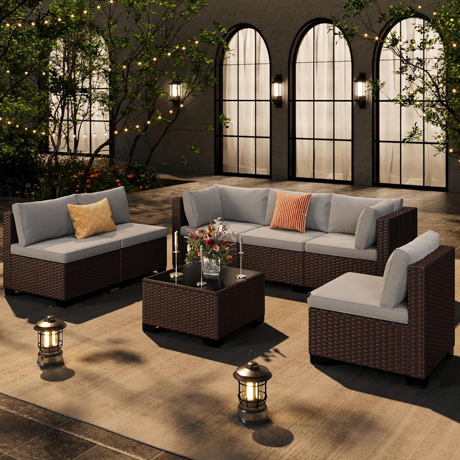 7-Piece Patio Furniture Set, Outdoor Sectional Couch with Water-Resistant Cushions & Coffee Table, PE Rattan Outdoor Patio Sofa Set for Backyard, Deck, Garden, or Porch, Grey