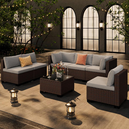 7-Piece Patio Furniture Set, Outdoor Sectional Couch with Water-Resistant Cushions & Coffee Table, PE Rattan Outdoor Patio Sofa Set for Backyard, Deck, Garden, or Porch, Grey