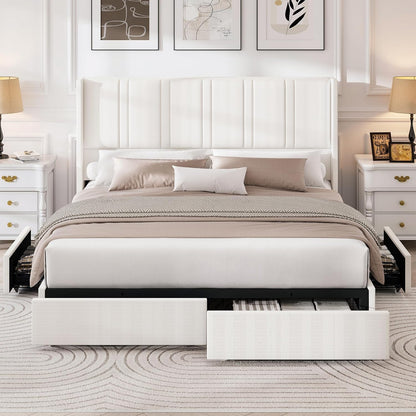 Queen Size Bed Frame with 4 Storage Drawers and Wingback Headboard Linen Upholstered Platform Bed Frame with Wooden Slats, Easy Assembly, White