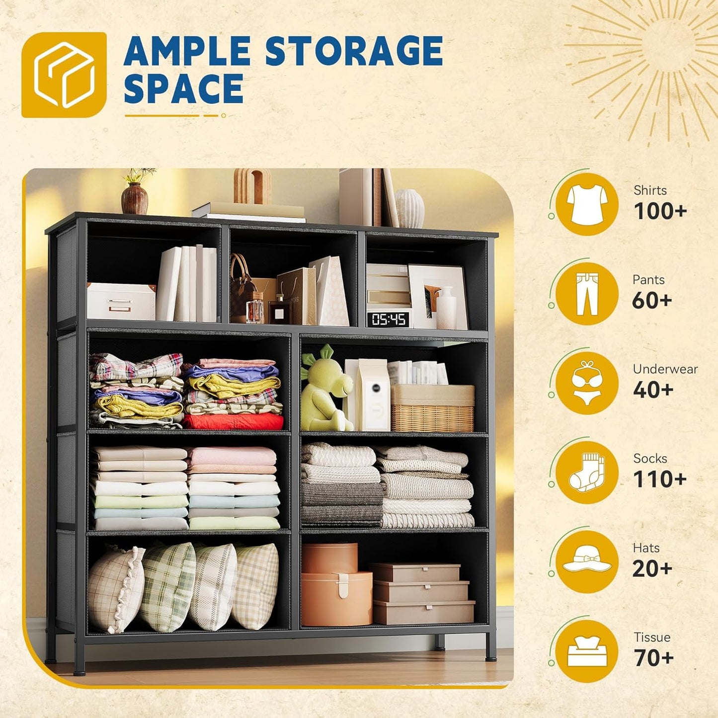 9 Drawers Dresser for Bedroom, Fabric Storage Tower for Living Room, Entryway - Sturdy Steel Frame, Wooden Top & Easy Pull Fabric Bins