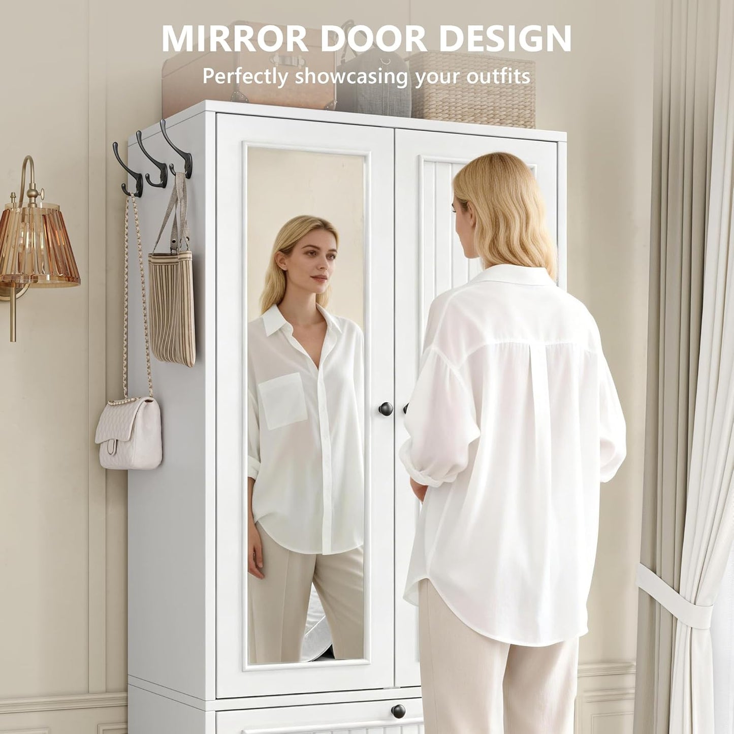 70" Armoire Wardrobe Closet with Doors & Mirror,Wooden Wardrobe with Drawers and 3 Side Hooks,Large Freestanding Bedroom Storage Wardrobe Cabinet,White