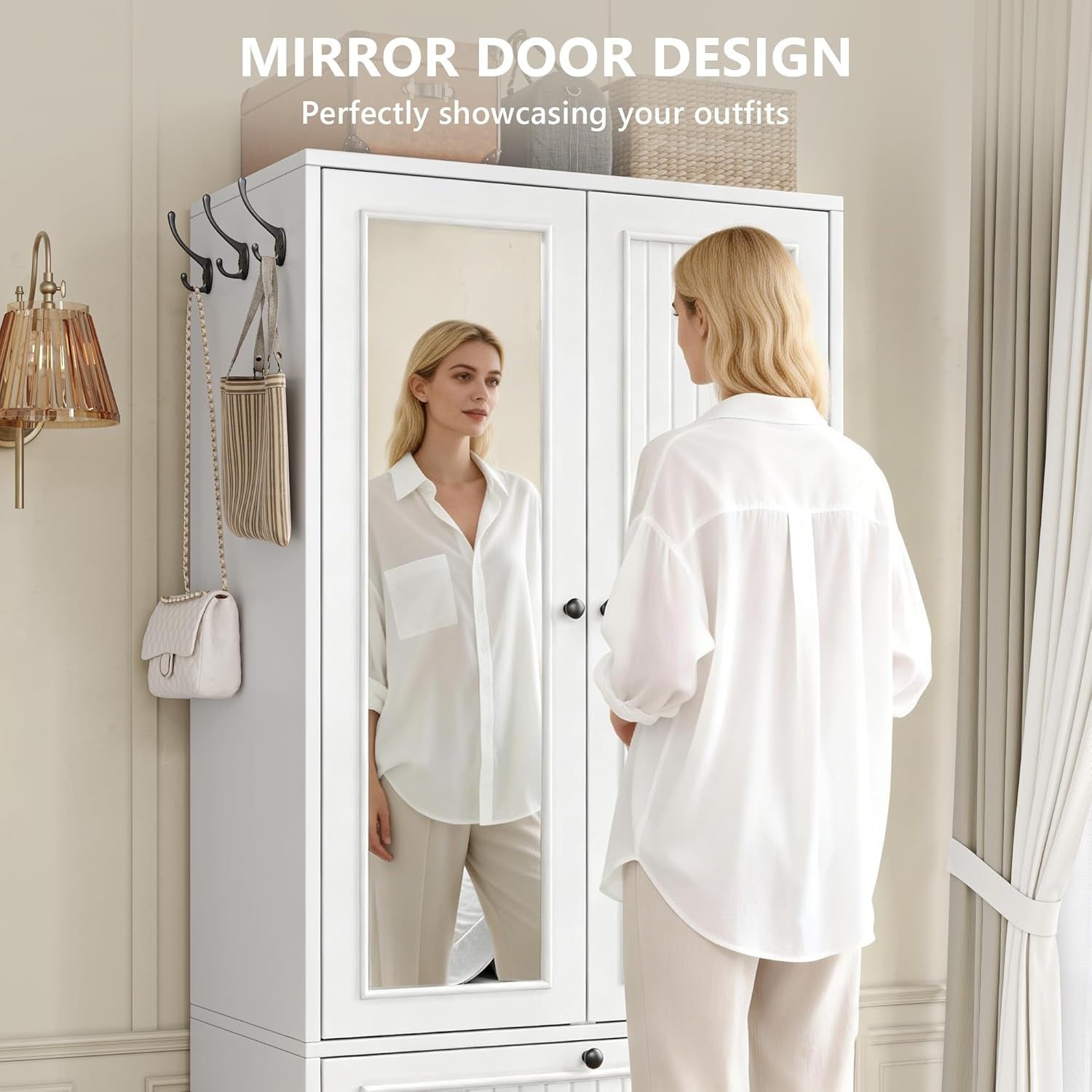 70" Armoire Wardrobe Closet with Doors & Mirror,Wooden Wardrobe with Drawers and 3 Side Hooks,Large Freestanding Bedroom Storage Wardrobe Cabinet,White