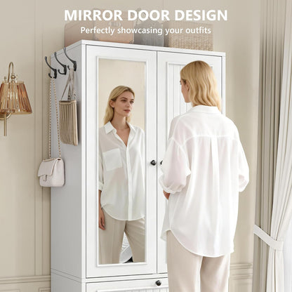 70" Armoire Wardrobe Closet with Doors & Mirror,Wooden Wardrobe with Drawers and 3 Side Hooks,Large Freestanding Bedroom Storage Wardrobe Cabinet,White