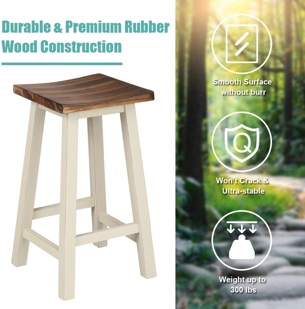 3 Piece Pub Dining Set, Counter Height Pub Table with 2 Saddle Bar Stools, Tavern Collection Table Set for Living Room, Kitchen, Small Space (Brown & Milky White)