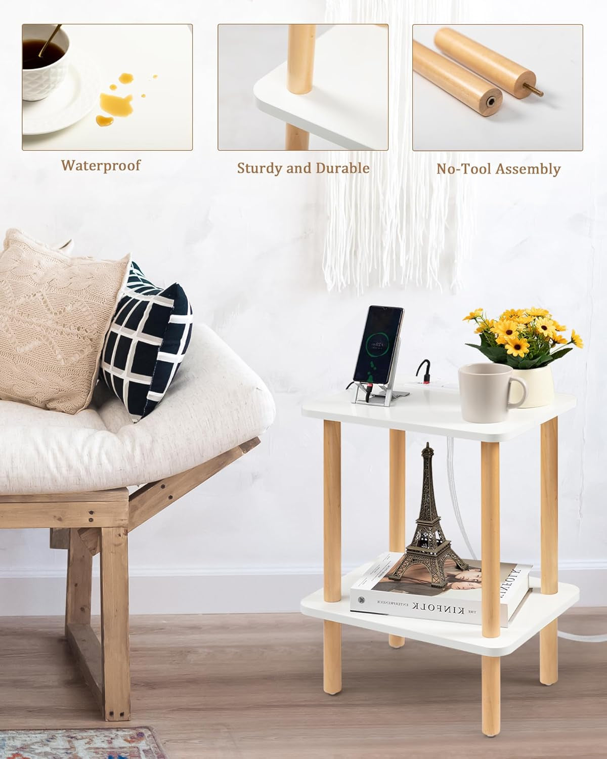 End Table with Charging Station, End Tables with USB Ports and Outlets, Small Side Table for Living Room, Bedroom & Office, Two-Tier Narrow Side Table, Easy Assembly