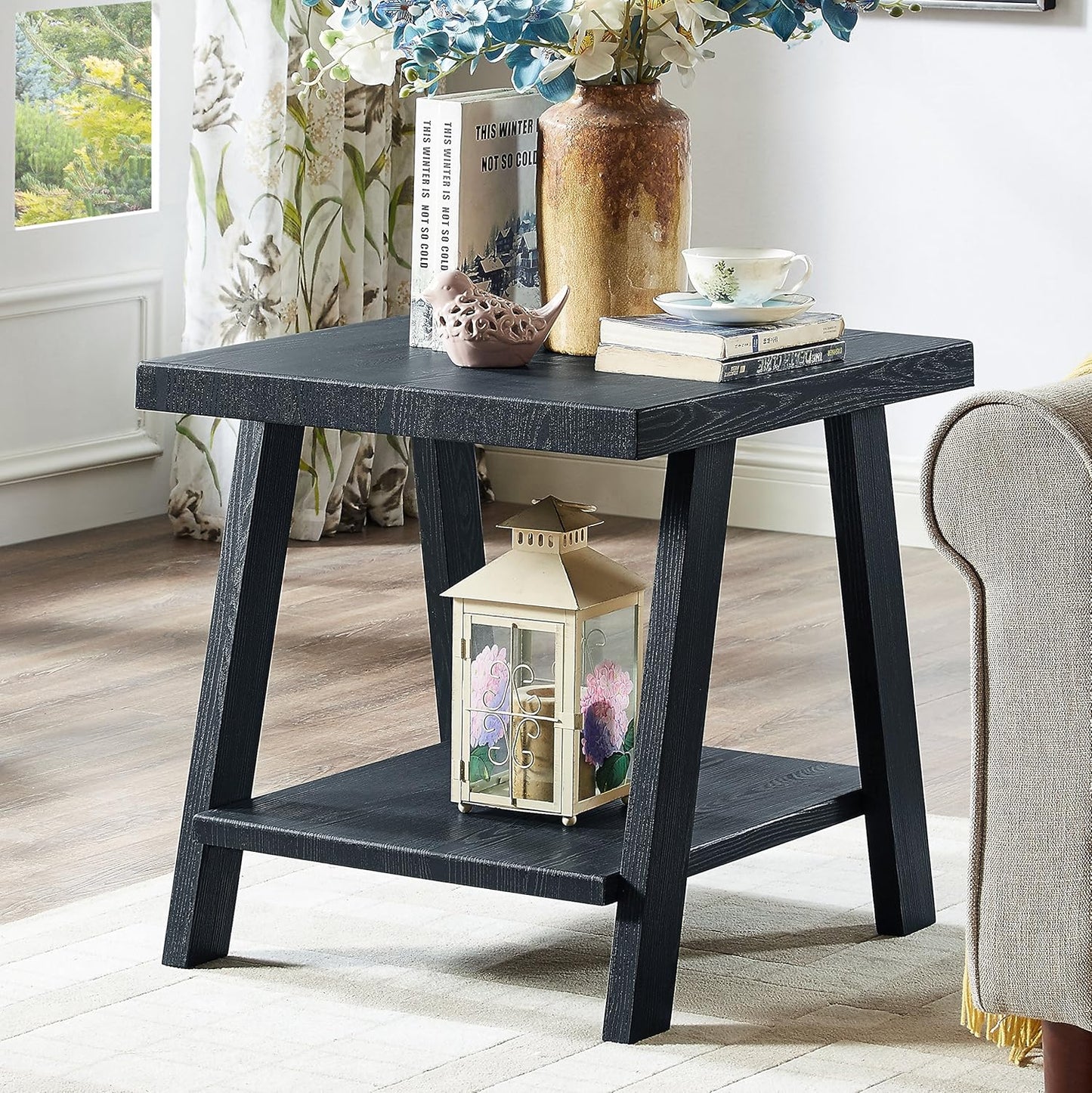 Athens Contemporary 3-Piece Wood Shelf Coffee Table Set , Black
