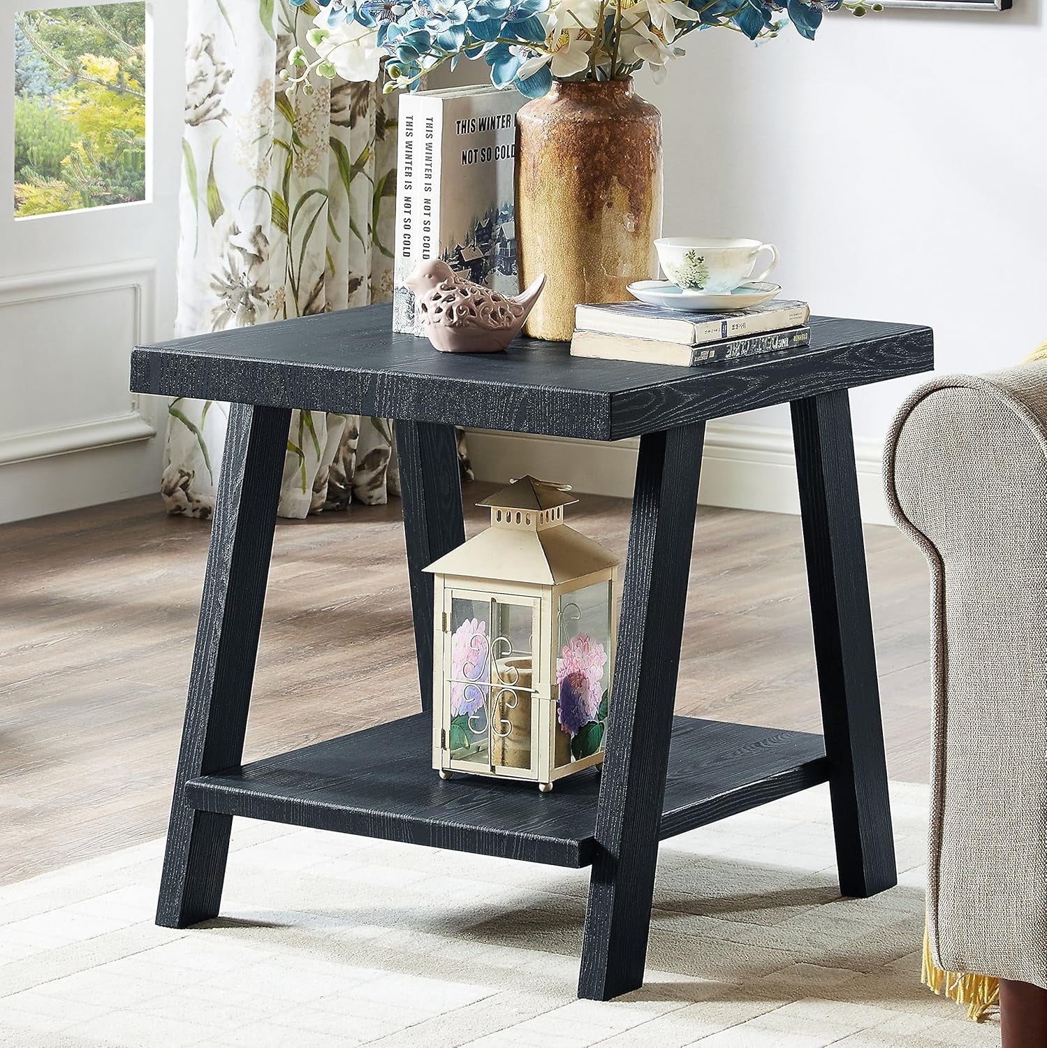 Athens Contemporary 3-Piece Wood Shelf Coffee Table Set , Black