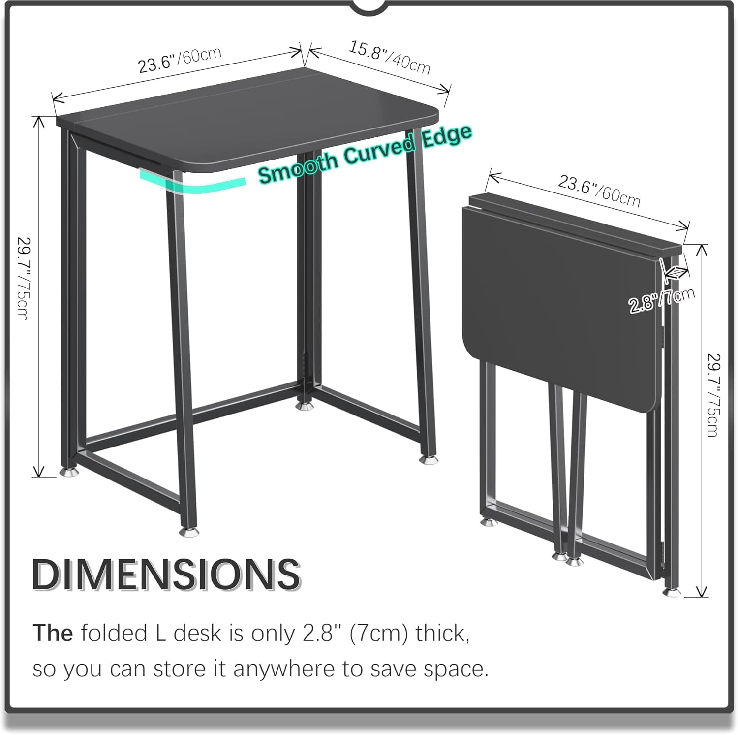 23.6" Mobile Small Folding Desk, Foldable Rolling Computer Home Office Desk, Study Writing Table for Small Space Saving Bedroom, with Wheels - All Black