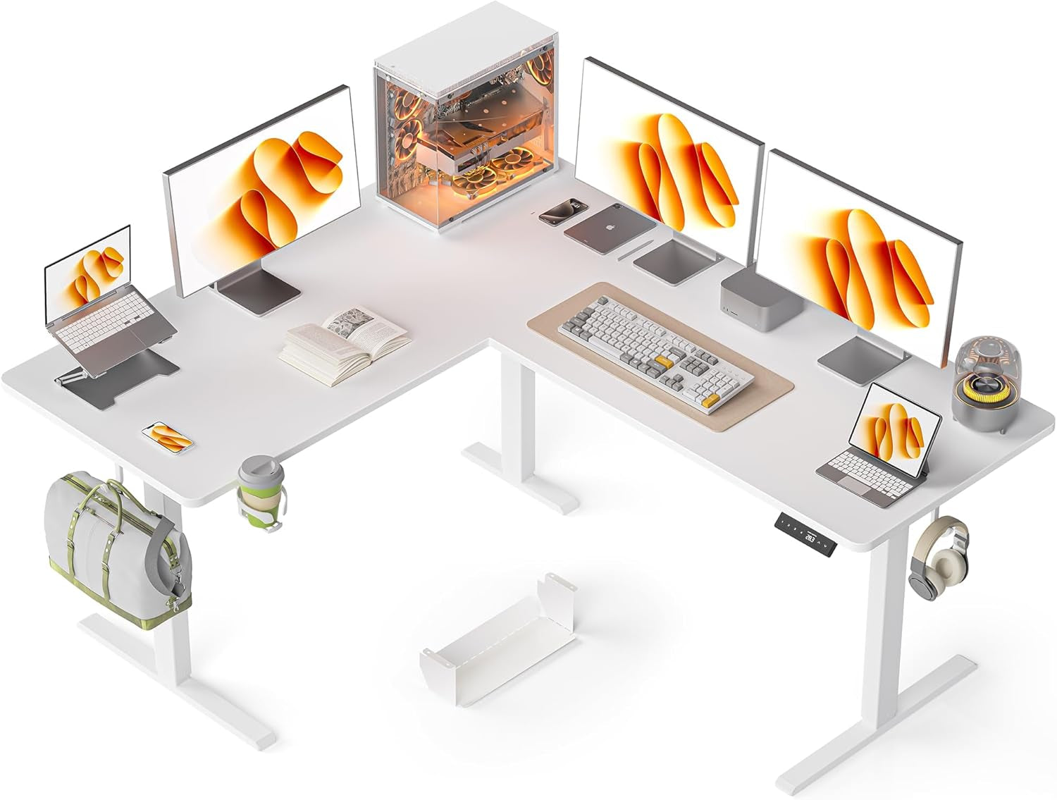 63X55 Inches Reversible L Shaped Standing Desk Height Adjustable with Cup Holder, Electric Corner Computer Desk, Sit Stand up Home Office Desk, Ergonomic Gaming Desk, White