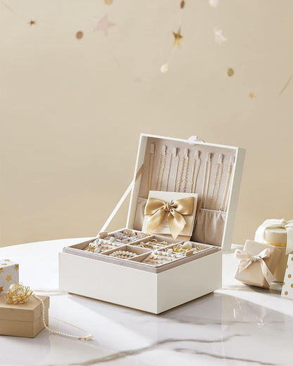 2-Layer Jewelry Box, Jewelry Organizer with Handle, Removable Jewelry Tray, Jewelry Storage, Floating Effect, 8.1 X 9.4 X 4.3 Inches, Gift Idea, White UJBC165W01