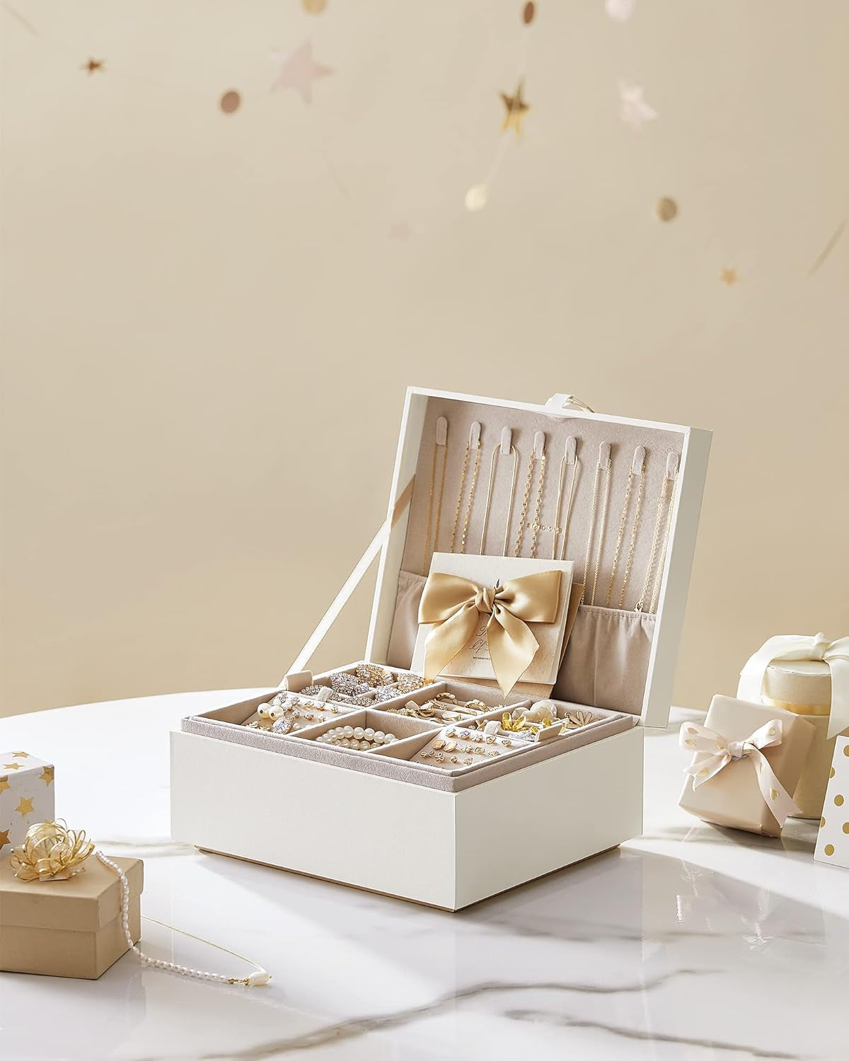 2-Layer Jewelry Box, Jewelry Organizer with Handle, Removable Jewelry Tray, Jewelry Storage, Floating Effect, 8.1 X 9.4 X 4.3 Inches, Gift Idea, White UJBC165W01