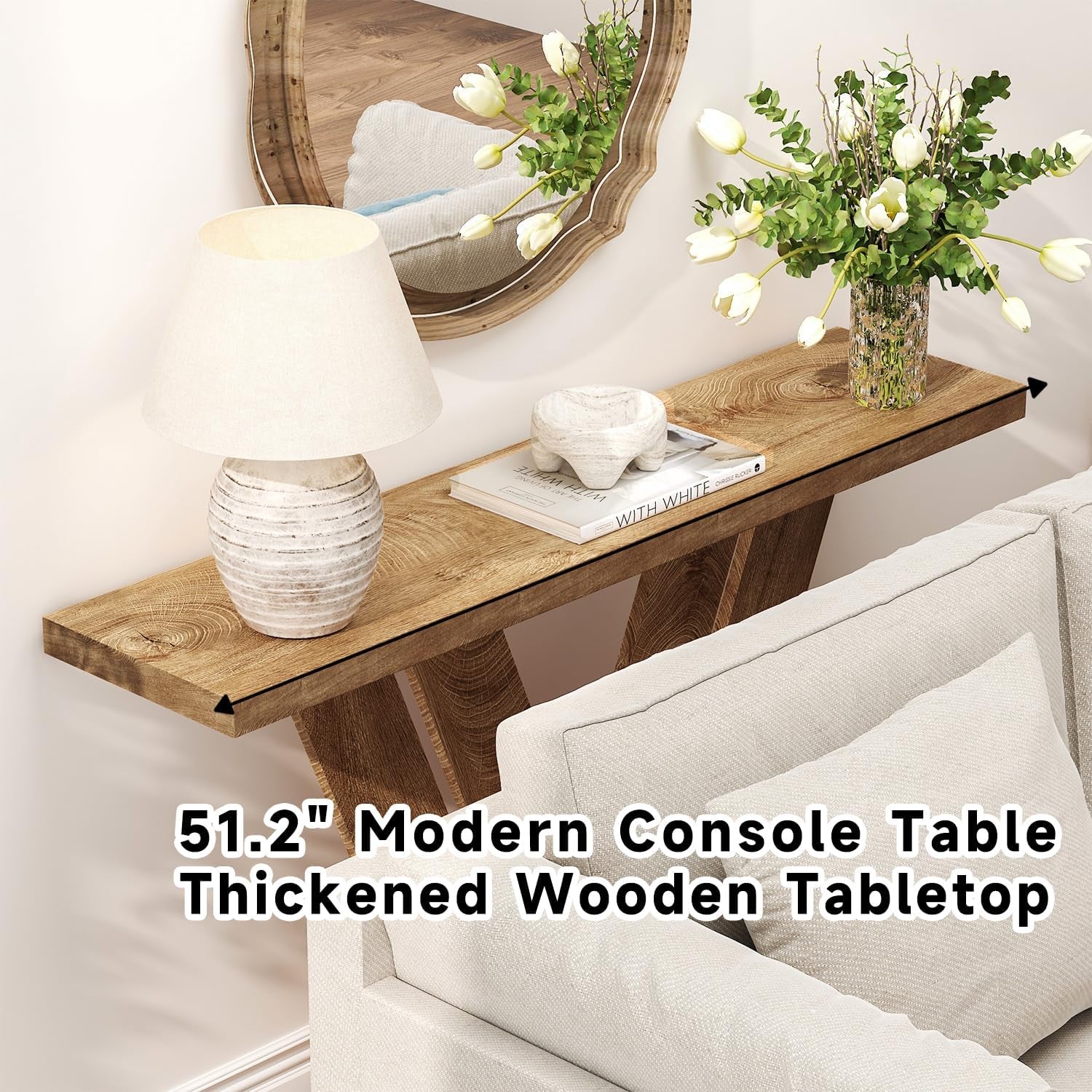 51 Inch Console Table, Farmhouse Entryway Table with V-Shaped, Wood Sofa Table behind Couch Table, Narrow Entryway Accent Table for Living Room, Hallway, Entrance, Foyer, Easy Assembly, Brown