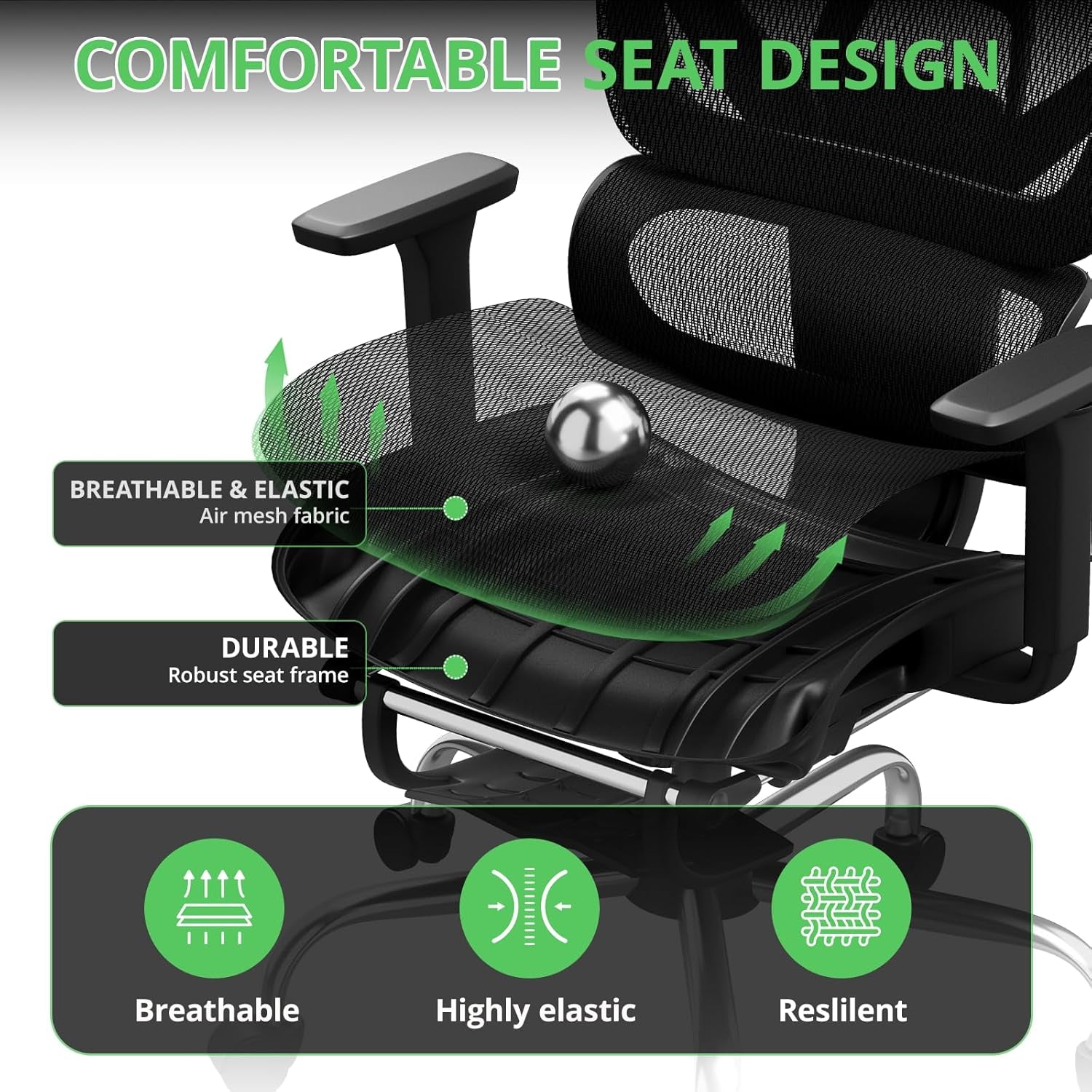 Ergonomic Office Chair with Footrest, Mesh Desk Chair with 135° Recline, Adjustable Lumbar Support, 3D Armrests and Headrest, Swivel Computer Chair for Home Office