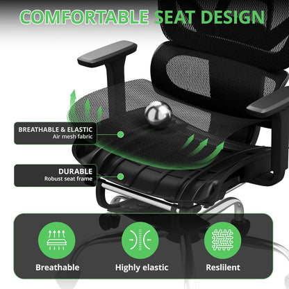 Ergonomic Office Chair with Footrest, Mesh Desk Chair with 135° Recline, Adjustable Lumbar Support, 3D Armrests and Headrest, Swivel Computer Chair for Home Office