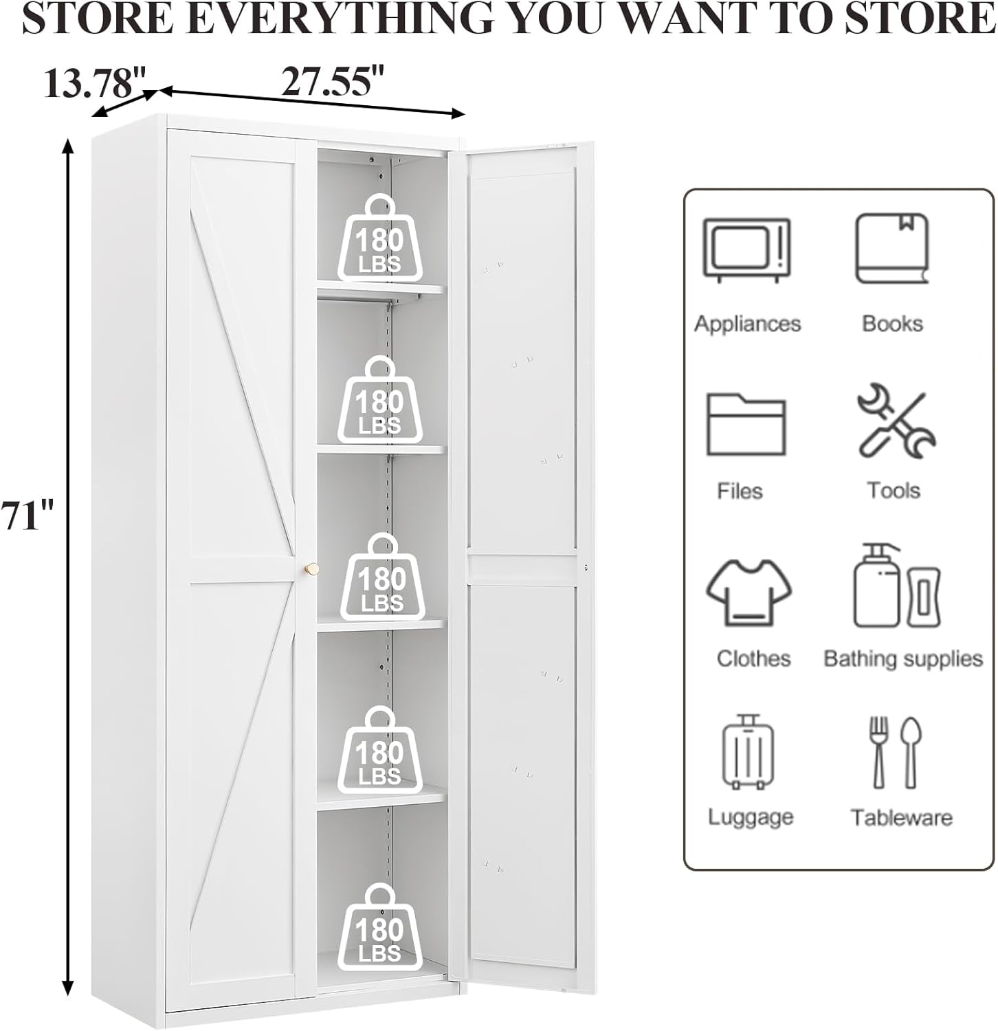 71" H Kitchen Pantry Storage Cabinet, Metal Food Pantry Cabinets with Doors and Adjustable Shelves, White Kitchen Storage Cabinet, Cupboard for Dining Room, Living Room and Bathroom
