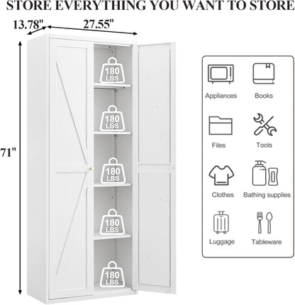 71" H Kitchen Pantry Storage Cabinet, Metal Food Pantry Cabinets with Doors and Adjustable Shelves, White Kitchen Storage Cabinet, Cupboard for Dining Room, Living Room and Bathroom