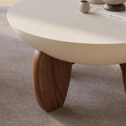 round Concrete Coffee Table with Premium Walnut Ash Wood Legs, Modern Minimalist Cement Finish Center Table for Living Room