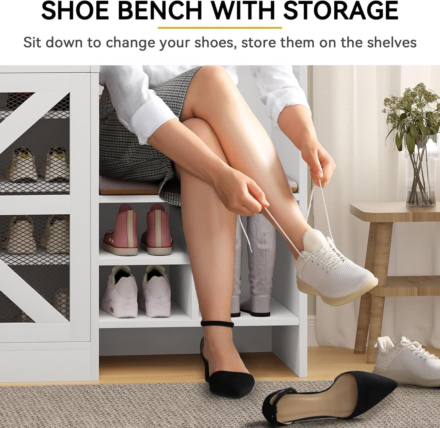 Farmhouse Hall Tree with Shoe Storage & Coat Rack Entryway Organizer with 18 Adjustable Shoe Cubbies 12 Hooks White Shoe Cabinet for Hallway