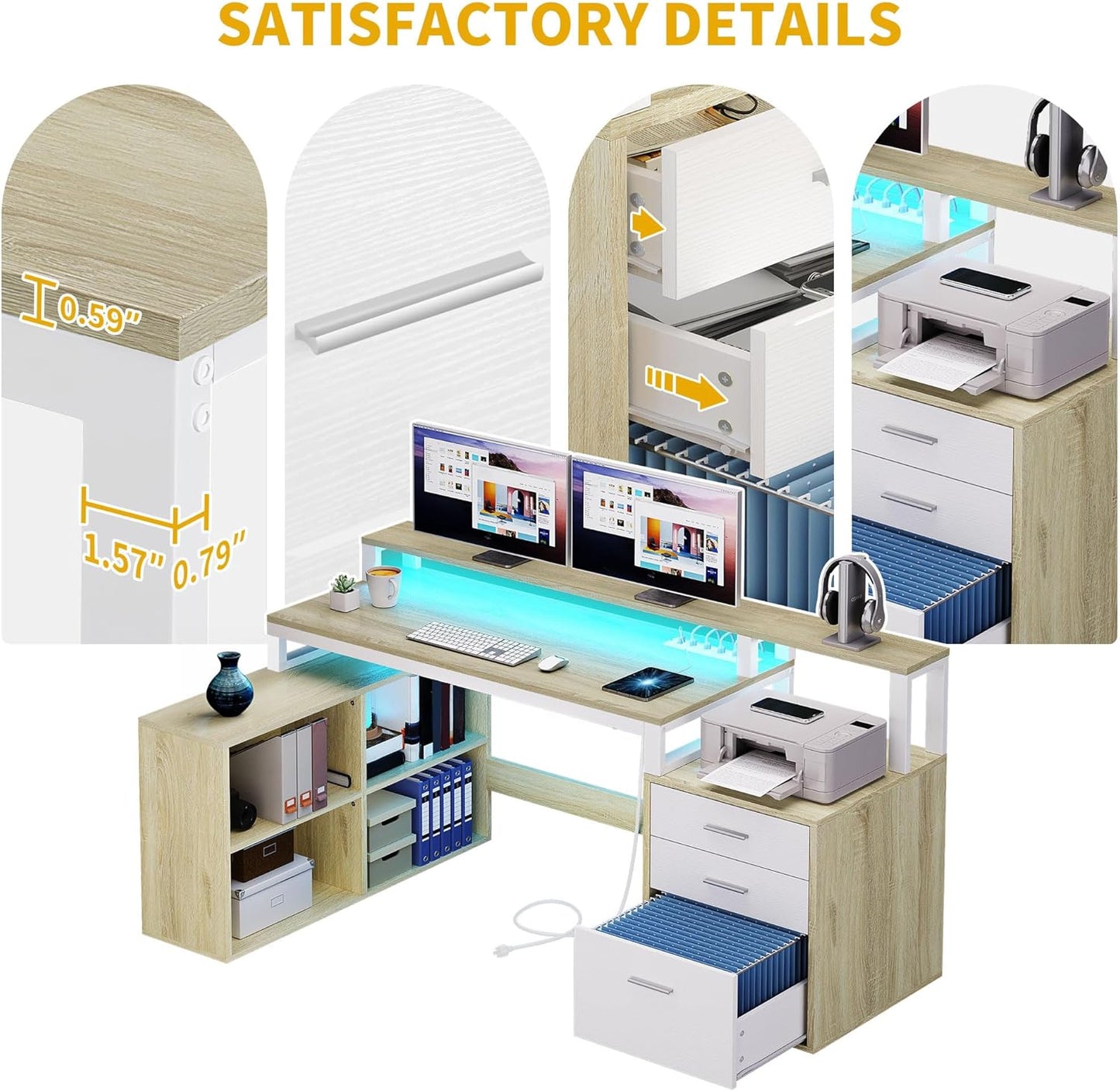 L Shaped Desk with Drawers, 65" Computer Desk with Power Outlets & LED Lights, Corner Home Office Desk with Storage Shelves & Printer Stand, White & Oak