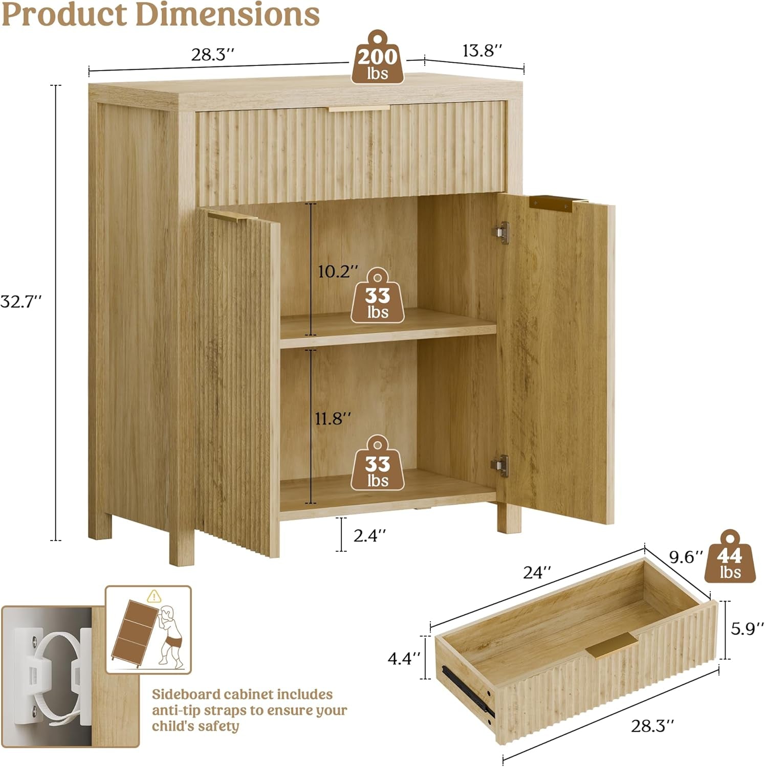 Fluted Buffet Cabinet with Storage Sideboard Cabinet Adjustable Shelves for Kitchen Living Room, Kitchen, Entryway