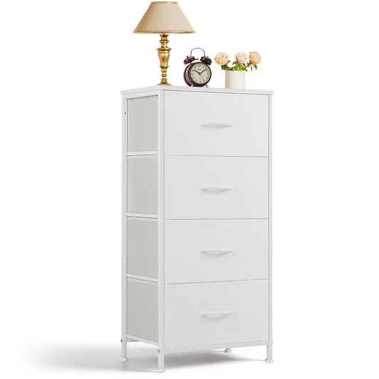 Nightstand, 4 Drawer Dresser End Table Bedside Furniture with Wooden Top Steel Frame Fabric Bins for Bedroom, Closet, Entryway, Dorm, Living Room, White