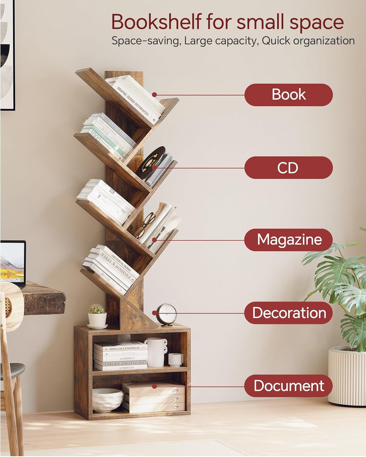 6 Tier Tree Bookshelf, Small Bookcase with Storage Cabinet, Modern Tall Narrow Bookshelves Organizer, Floor Standing Book Shelf for Bedroom/Living Room/Home Office/Corner, Rustic Brown
