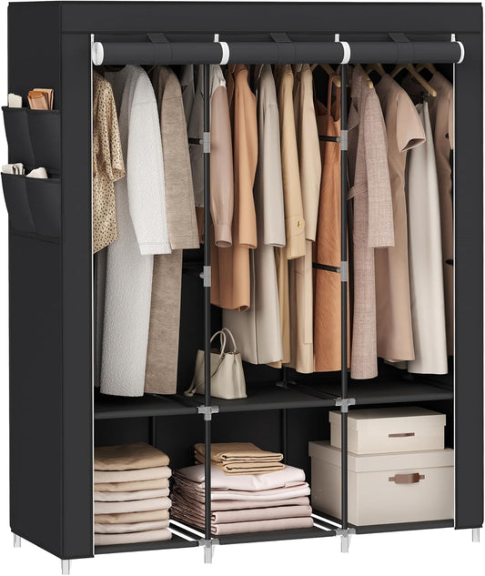Portable Closet, Wardrobe Closet Organizer with Cover, 3 Hanging Rods and Shelves, 4 Side Pockets, 51.2 X 17.7 X 65.7 Inches, Large Capacity for Bedroom, Living Room, Ink Black URYG092B02