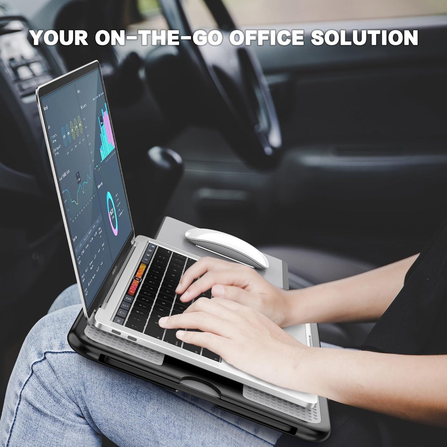 Portable Laptop Lap Desk W/Retractable Left/Right Mouse Pad Tray, Non-Slip Heat Shield Tablet Notebook Computer Stand Table W/Sturdy Stable Work Surface for Bed Sofa Couch or Travel