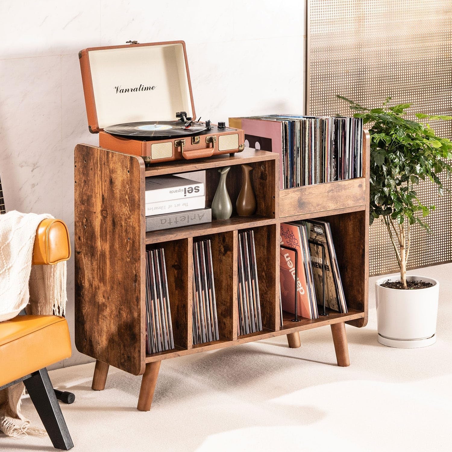 Record Player Stand, Large Record Player Table Cabinet with Open Vinyl Storage and Display Shelf Holds up to 350 Albums, Mid Century Wood Turntable for Living Room, Bedroom (Brown)