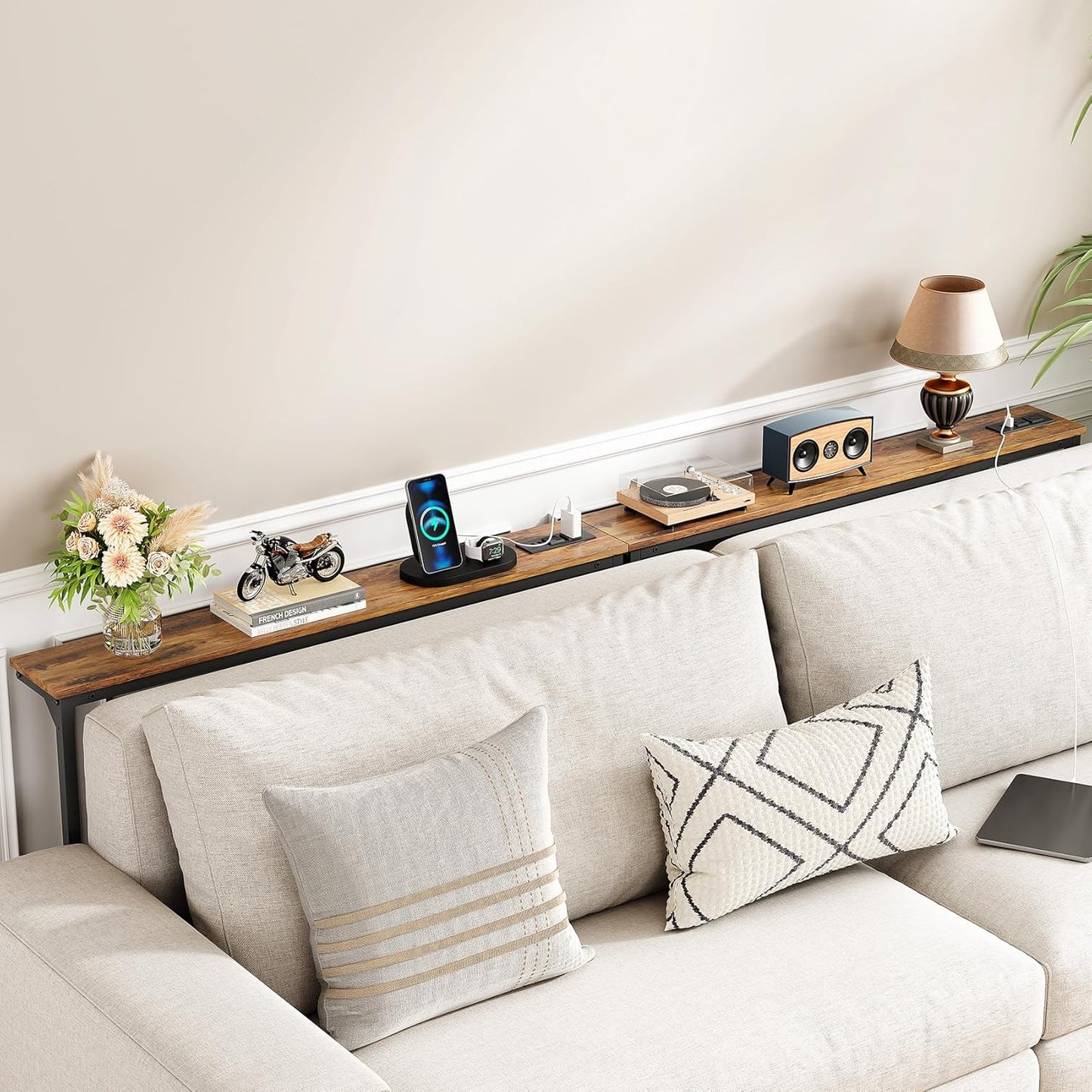 2-Pack Narrow Console Table with Adjustable Height (25"-33") & 2 Power Outlets, Skinny behind Couch Table, 78.8" Long X 5.9" Wide Sofa Side Table for Living Room, Rustic Brown | 2-Pack, behind Sofa Couch