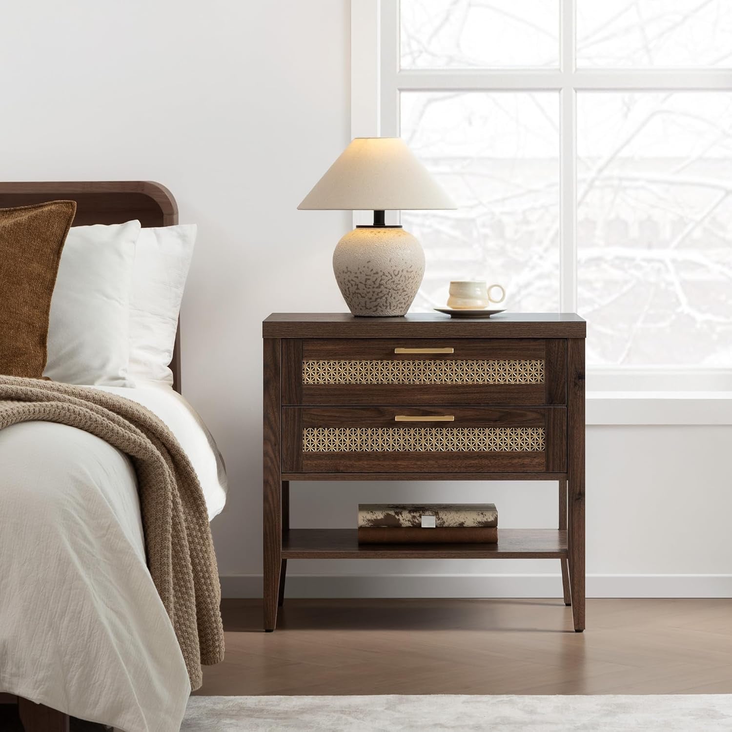 Night Stand Set 2 - Large Nightstands Sets of 2 with Drawers and Shelf, Rustic Bedside Table for Bedroom, Mid Century Modern Nightstand, 25.7" Tall Side End Table (Espresso Walnut, 2 Pieces)