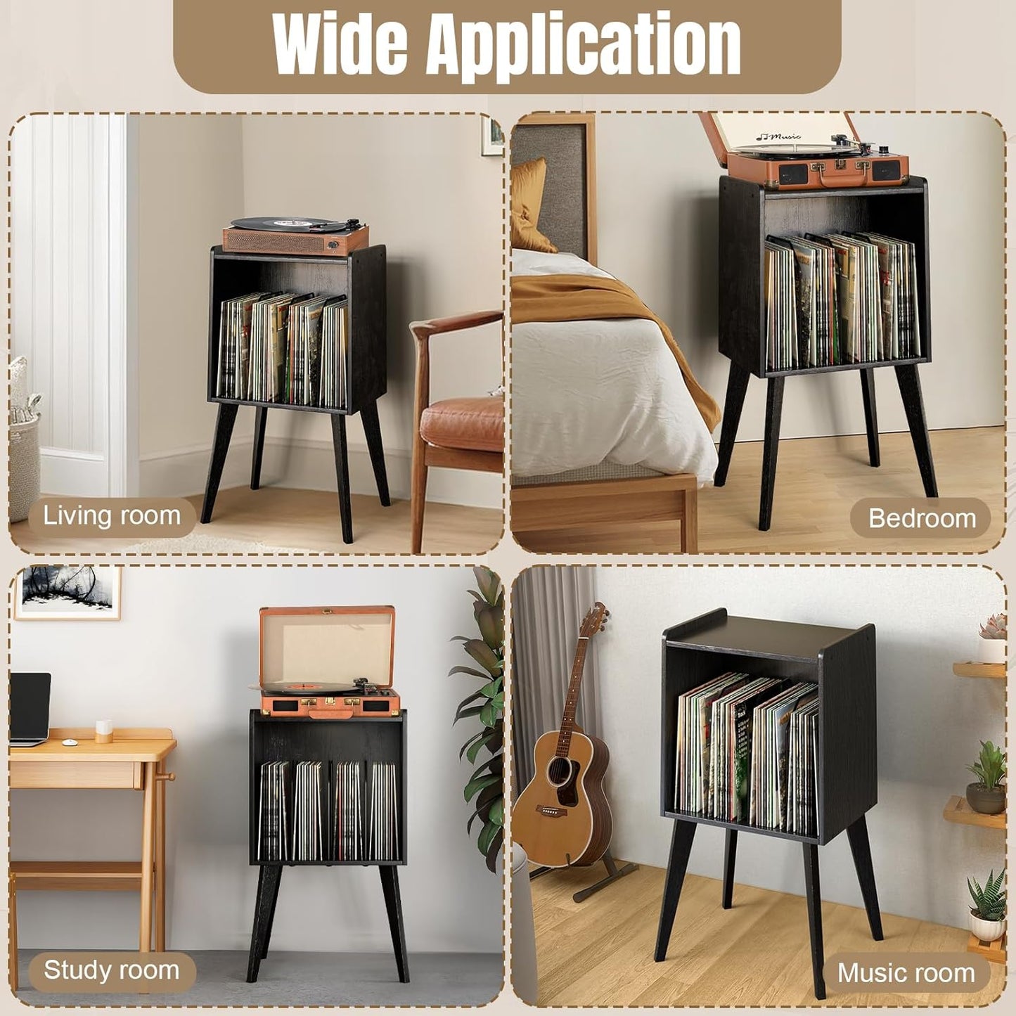 Record Player Stand – Mid-Century Vinyl Record Storage Stand Holds up to 160 Albums, Small Space Record Player Organizer Shelf with Wood Legs, Turntable Stand for Living Room, Bedroom